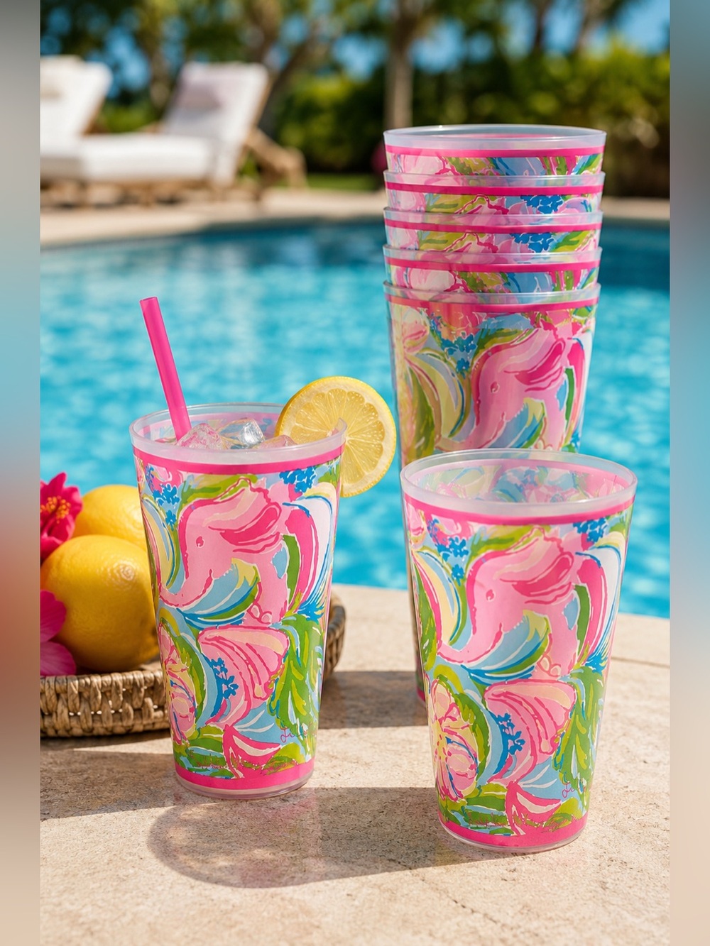 10 Lilly Pulitzer Pink Green Blue Floral Plastic Tumblers (Set)